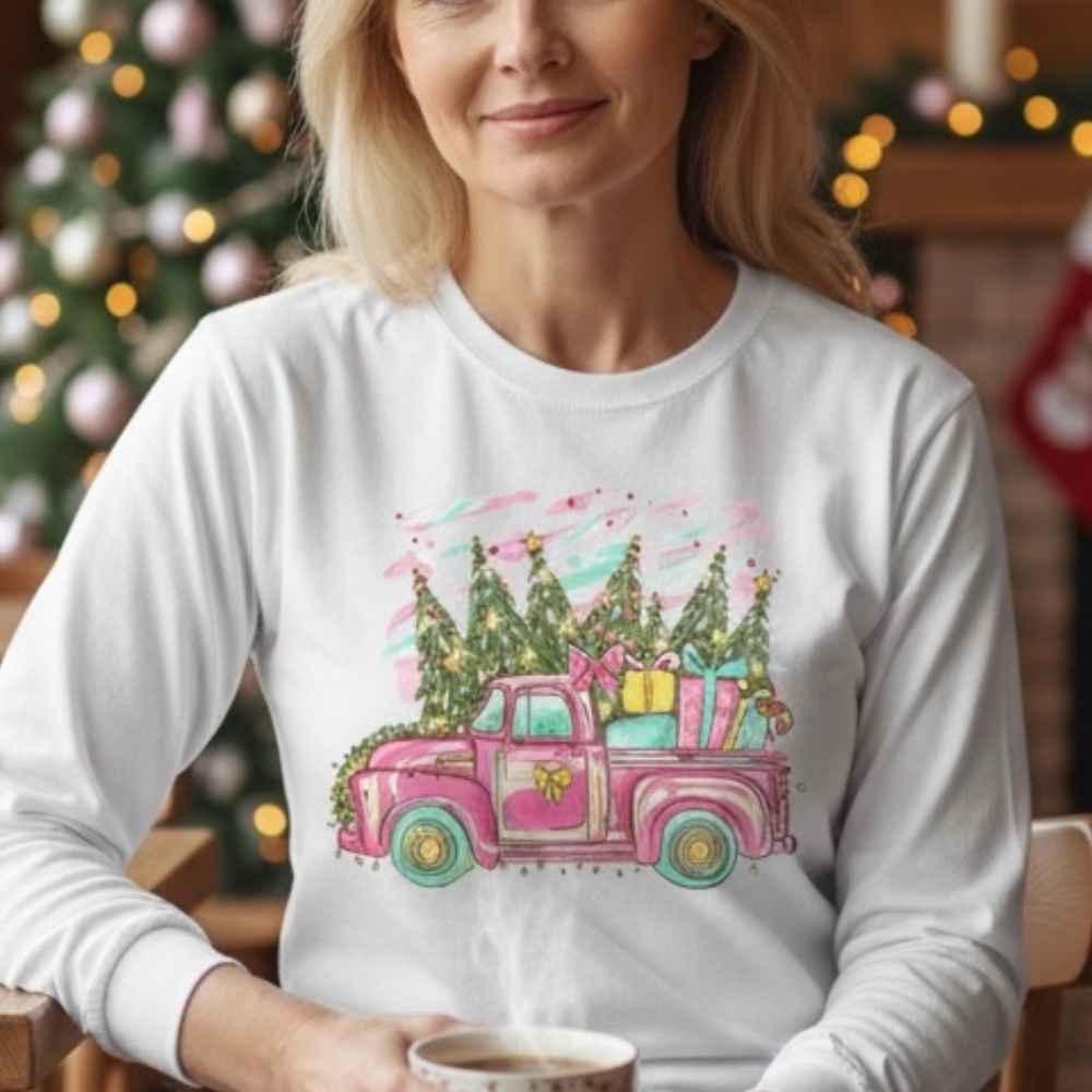 Pink Christmas Truck T-shirt Whimsical Pastel Custom Made S M L XL XXL White